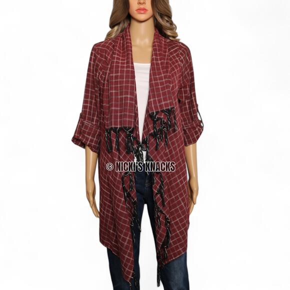 Entro Plaid Open Front Duster Cardigan Tassel Cotton Lightweight Layer Size M - Picture 2 of 8